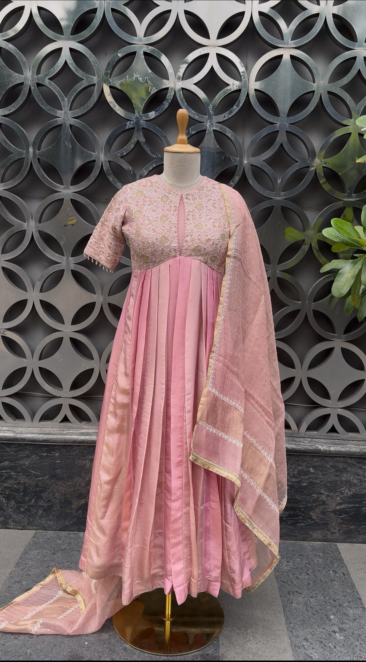 Pink Golden Tissue Chikankari Dress