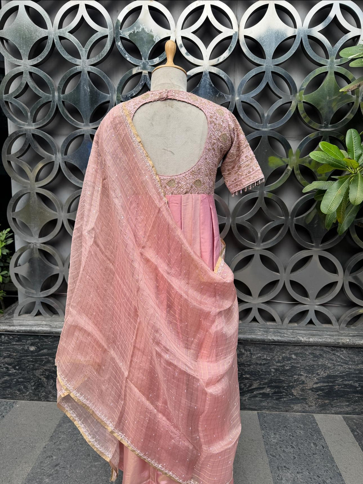 Pink Golden Tissue Chikankari Dress