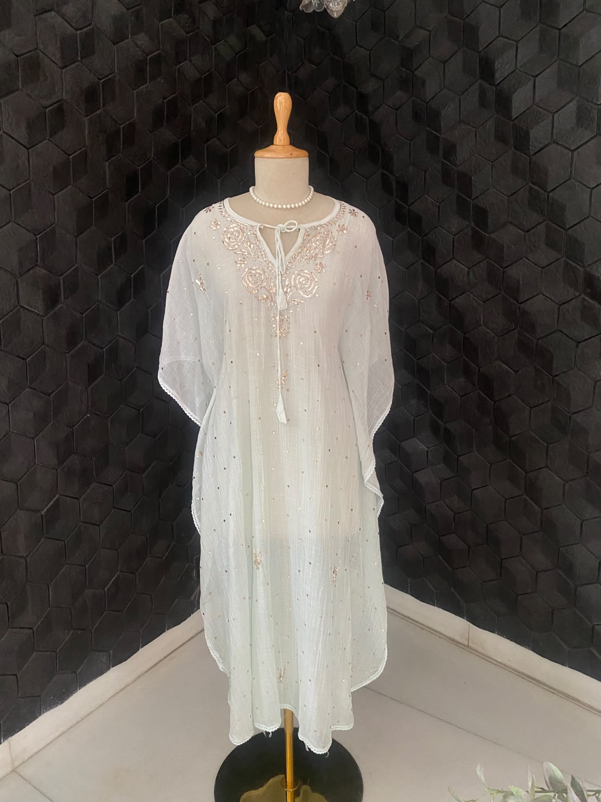 Powder Blue Mul Chanderi Mukaish Kaftan