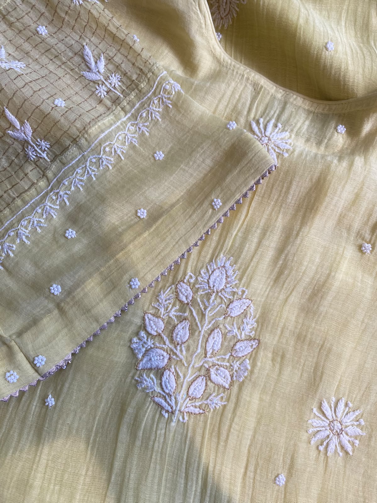 Lemon Yellow Mul Chanderi Chikankari Kurta Set