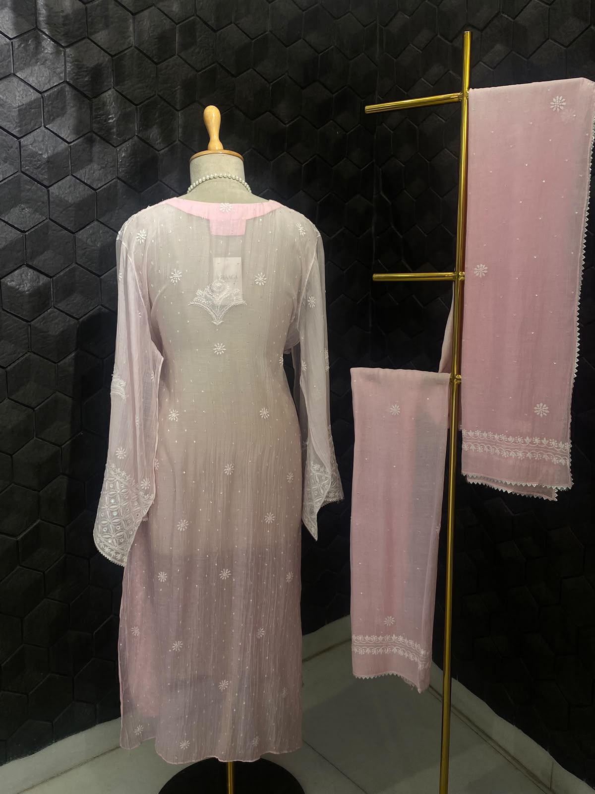 Powder Pink Mul Chanderi Chikankari Kurta Set
