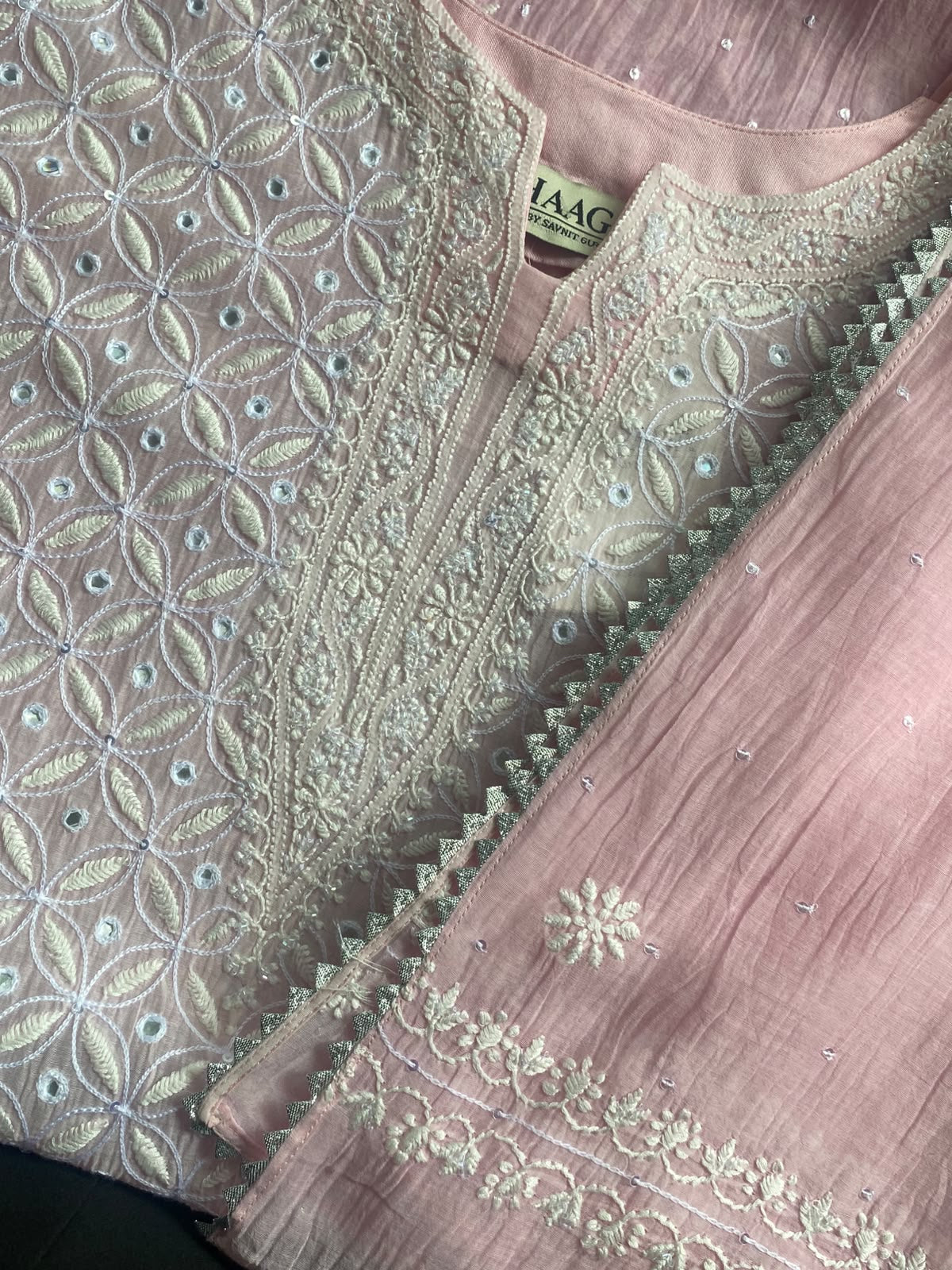 Powder Pink Mul Chanderi Chikankari Kurta Set