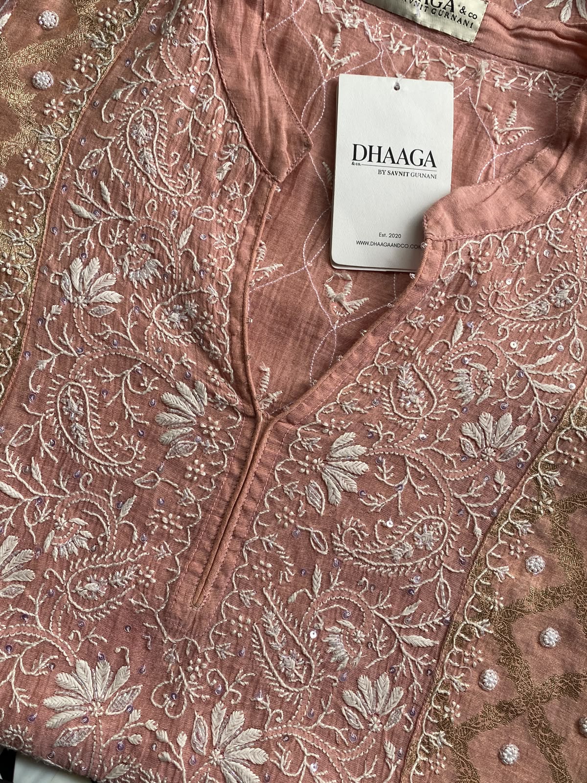 Rose Pink Green Tissue Chikankari Co-ord Set
