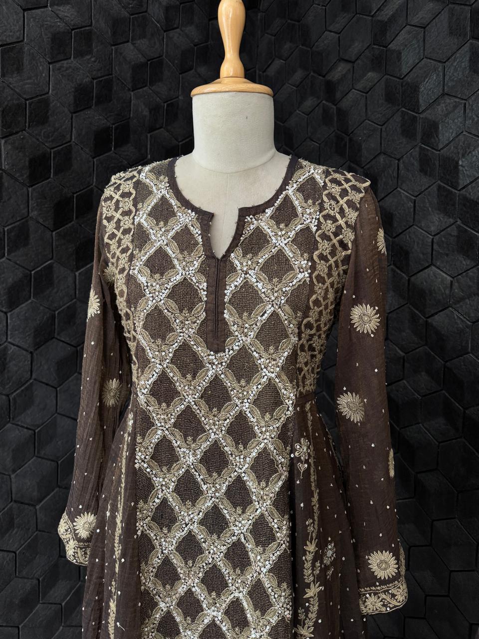 Chocolate Brown Golden Tissue Embroidered Kurta Set