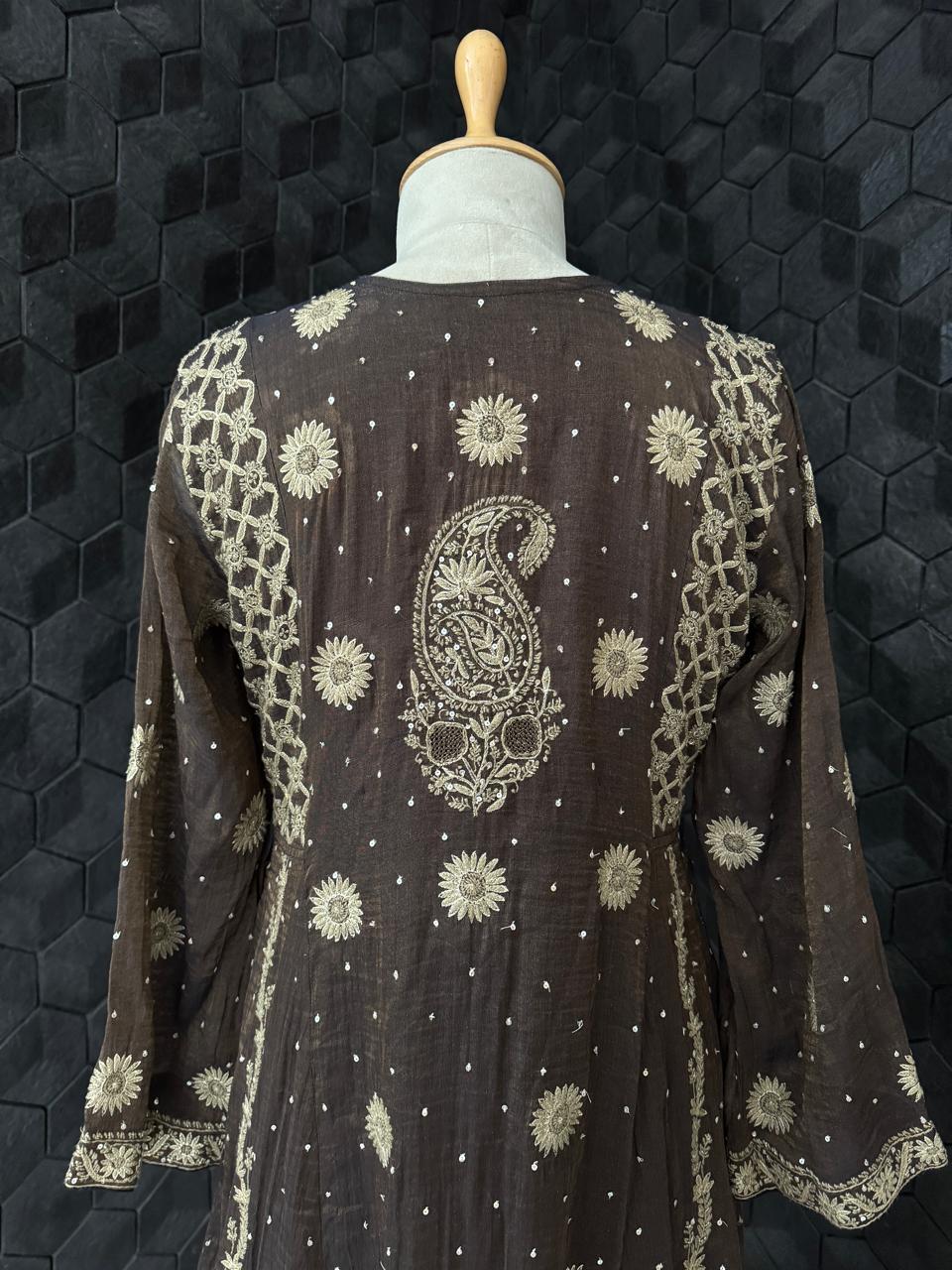 Chocolate Brown Golden Tissue Embroidered Kurta Set