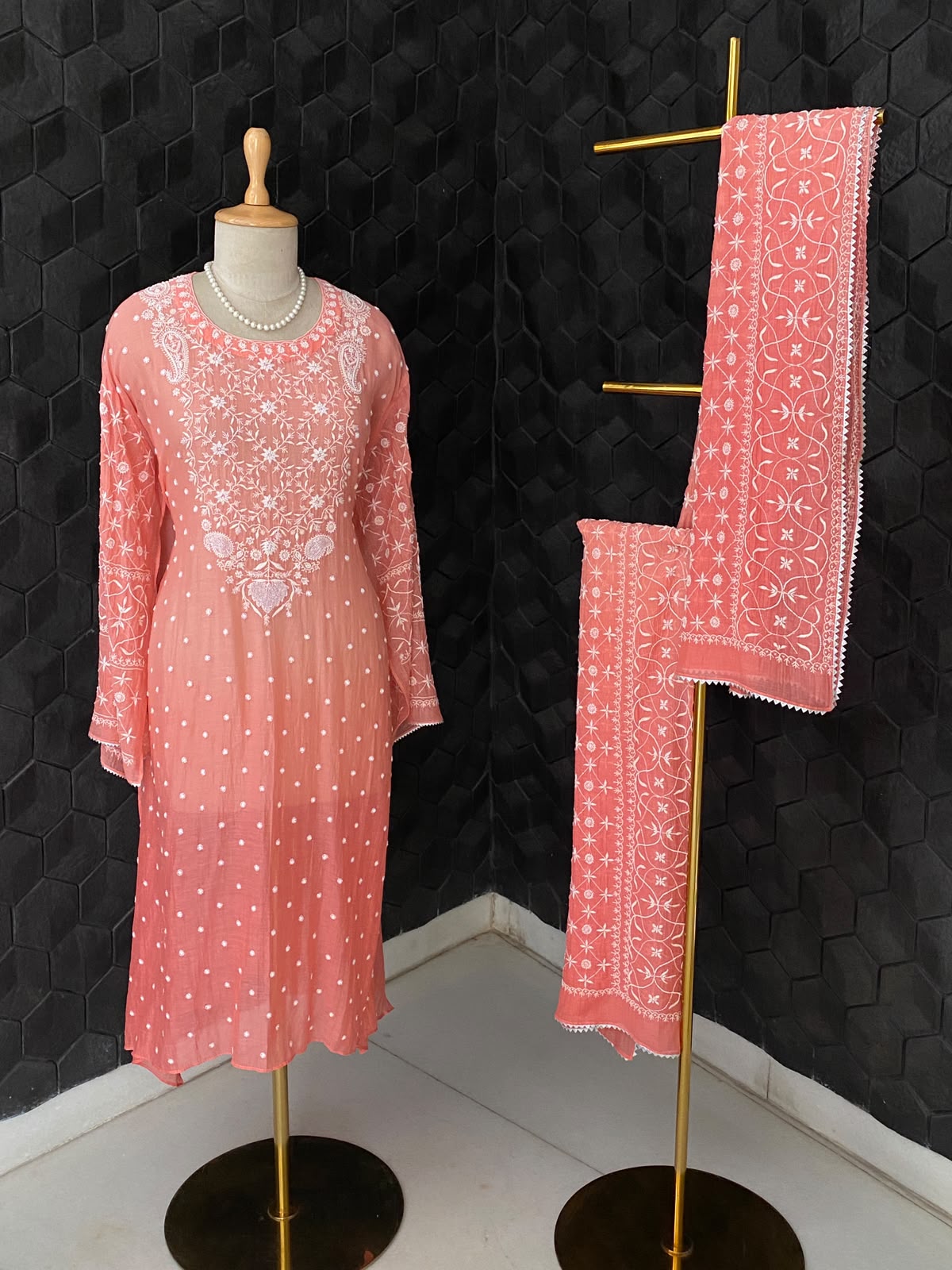 Coral Pink Mul Chanderi Embroidered Kurta Set