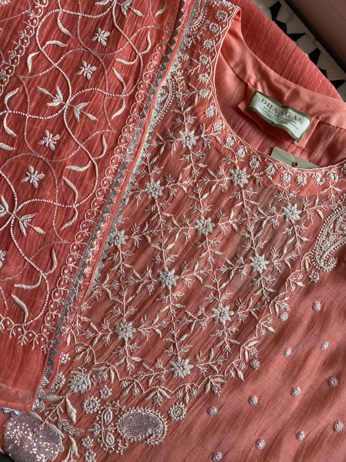Coral Pink Mul Chanderi Embroidered Kurta Set
