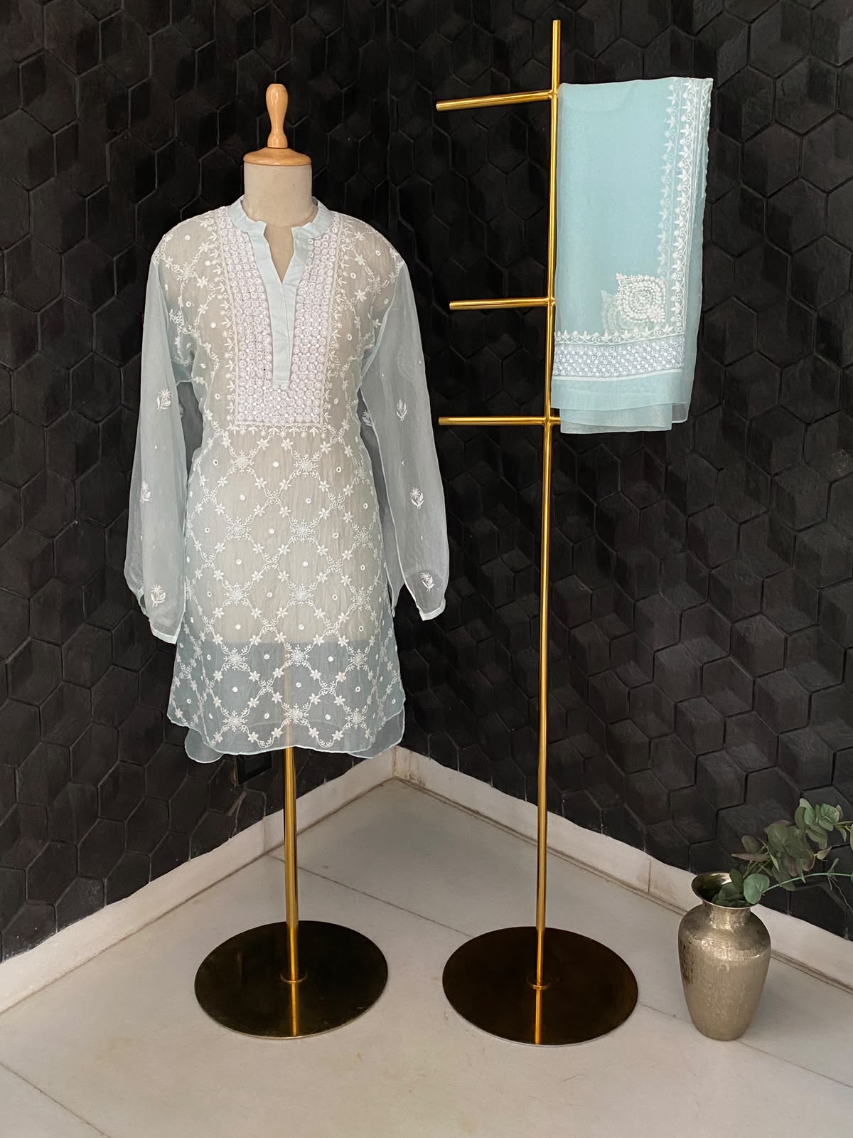 Ice Blue Organza Embroidered Co-ord Set