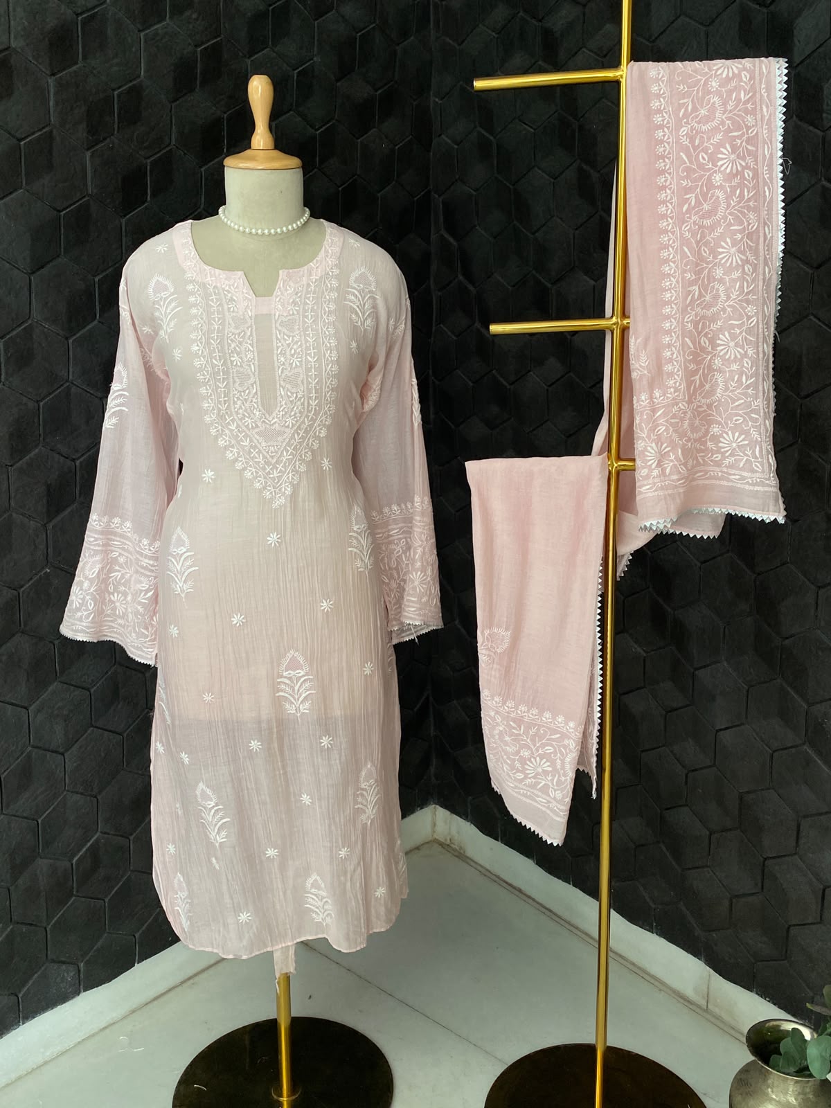 Blush Pink Mul Chanderi Embroidered Kurta Set