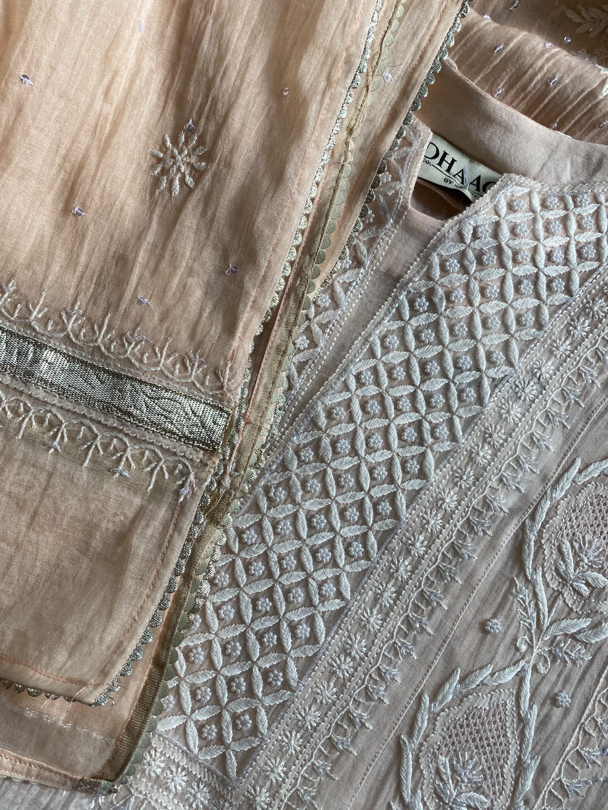 Peach Mul Chanderi Chikankari Kurta Set