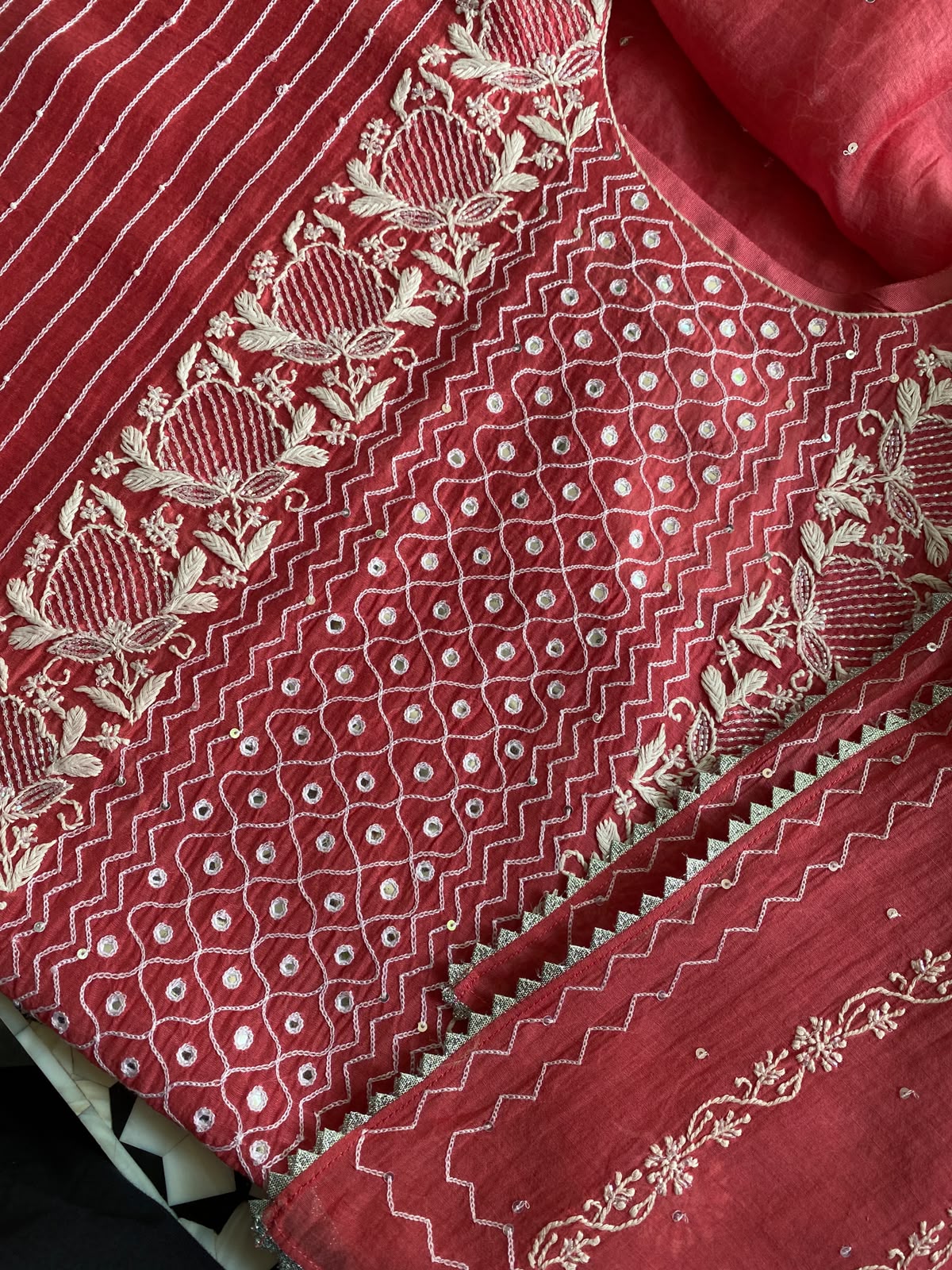 Coral Pink Mul Chanderi Chikankari Kurta Set