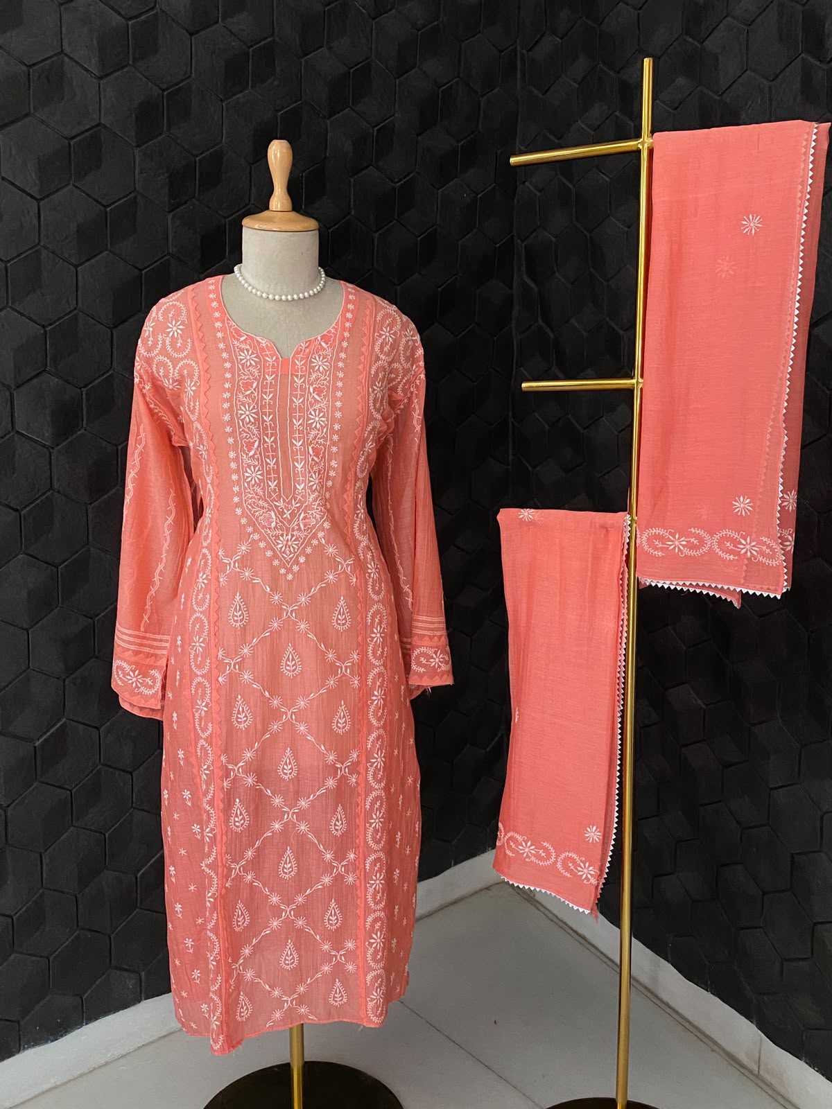 Orange Mul Chanderi Chikankari kurta set