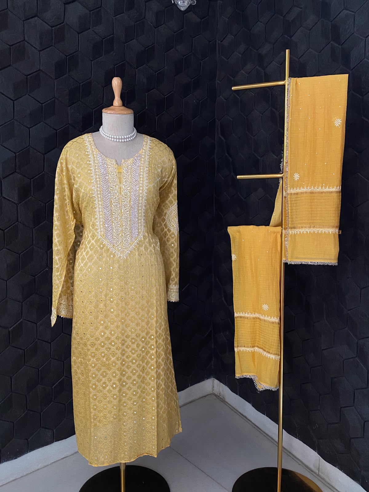 Yellow Mul Chanderi Embroidered Kurta Set