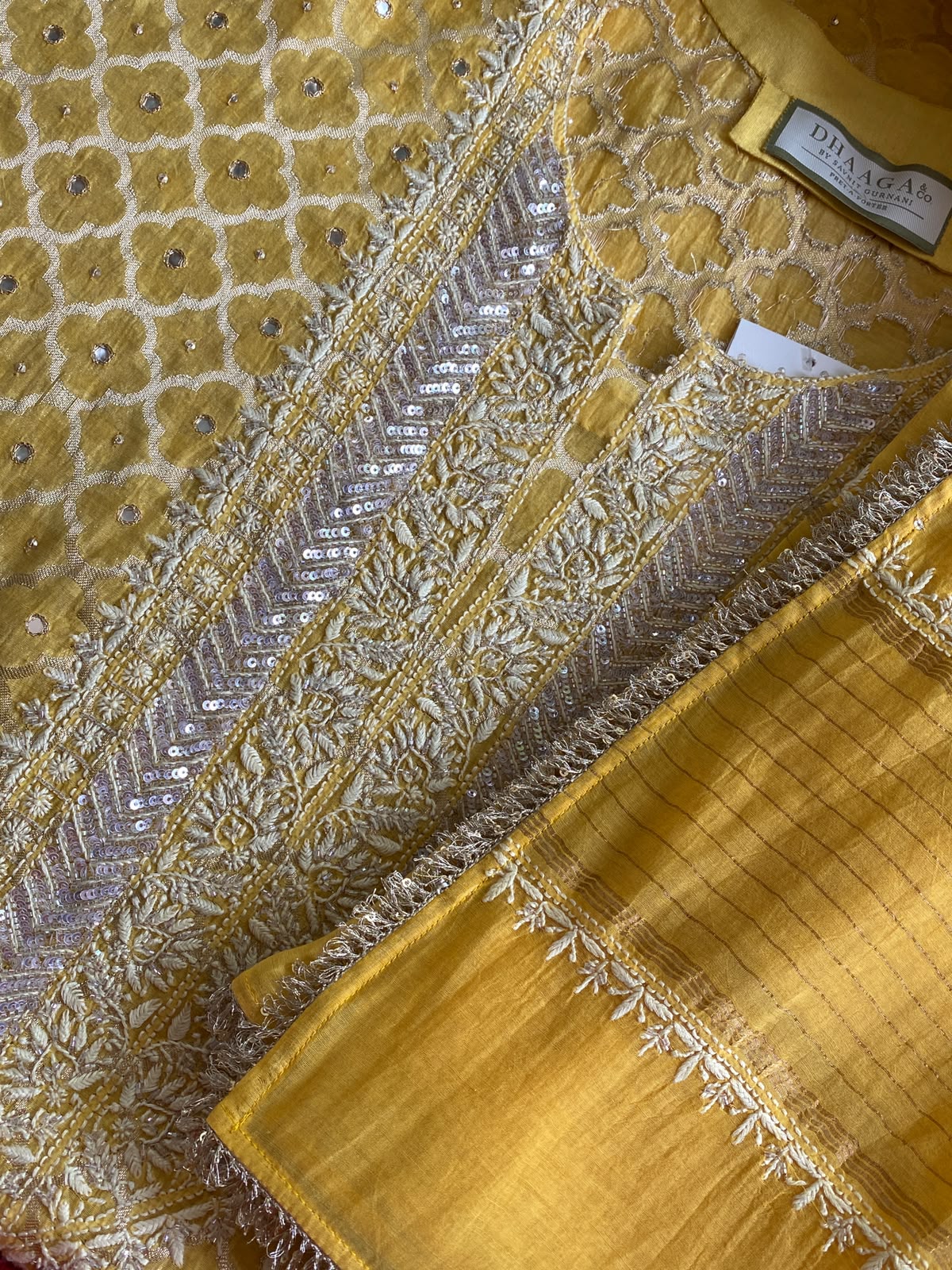 Yellow Mul Chanderi Embroidered Kurta Set