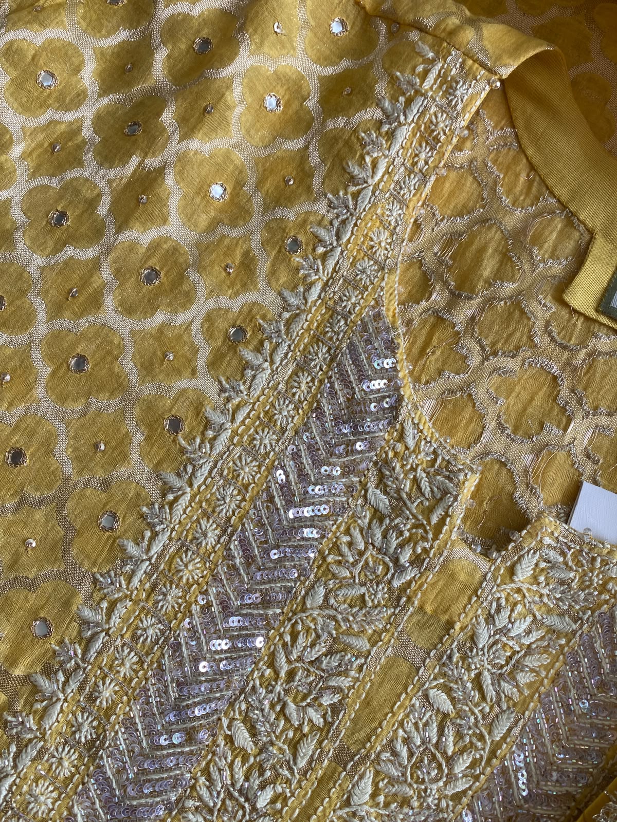 Yellow Mul Chanderi Embroidered Kurta Set
