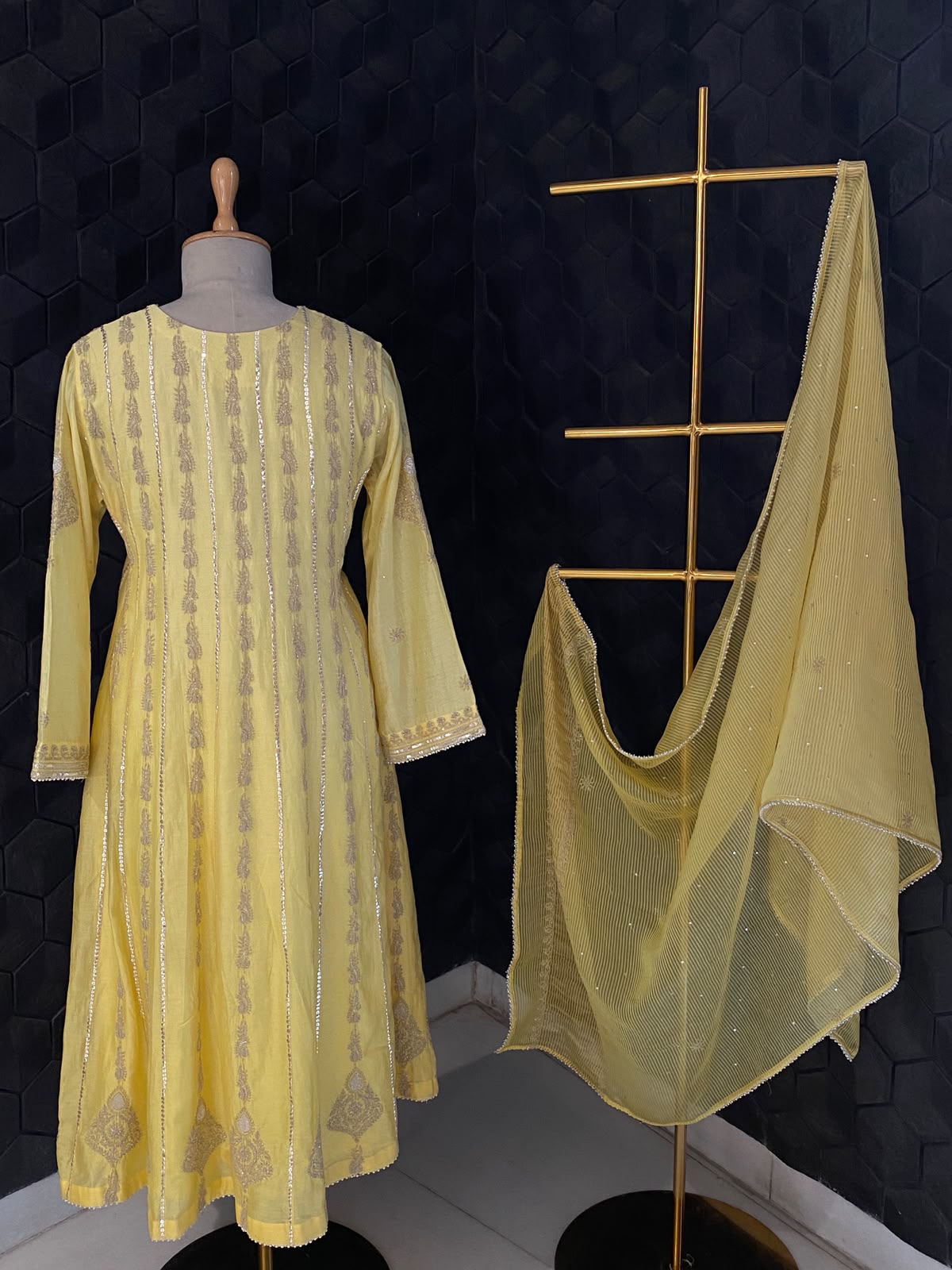 Lemon Yellow Mul Chanderi Anarkali Set