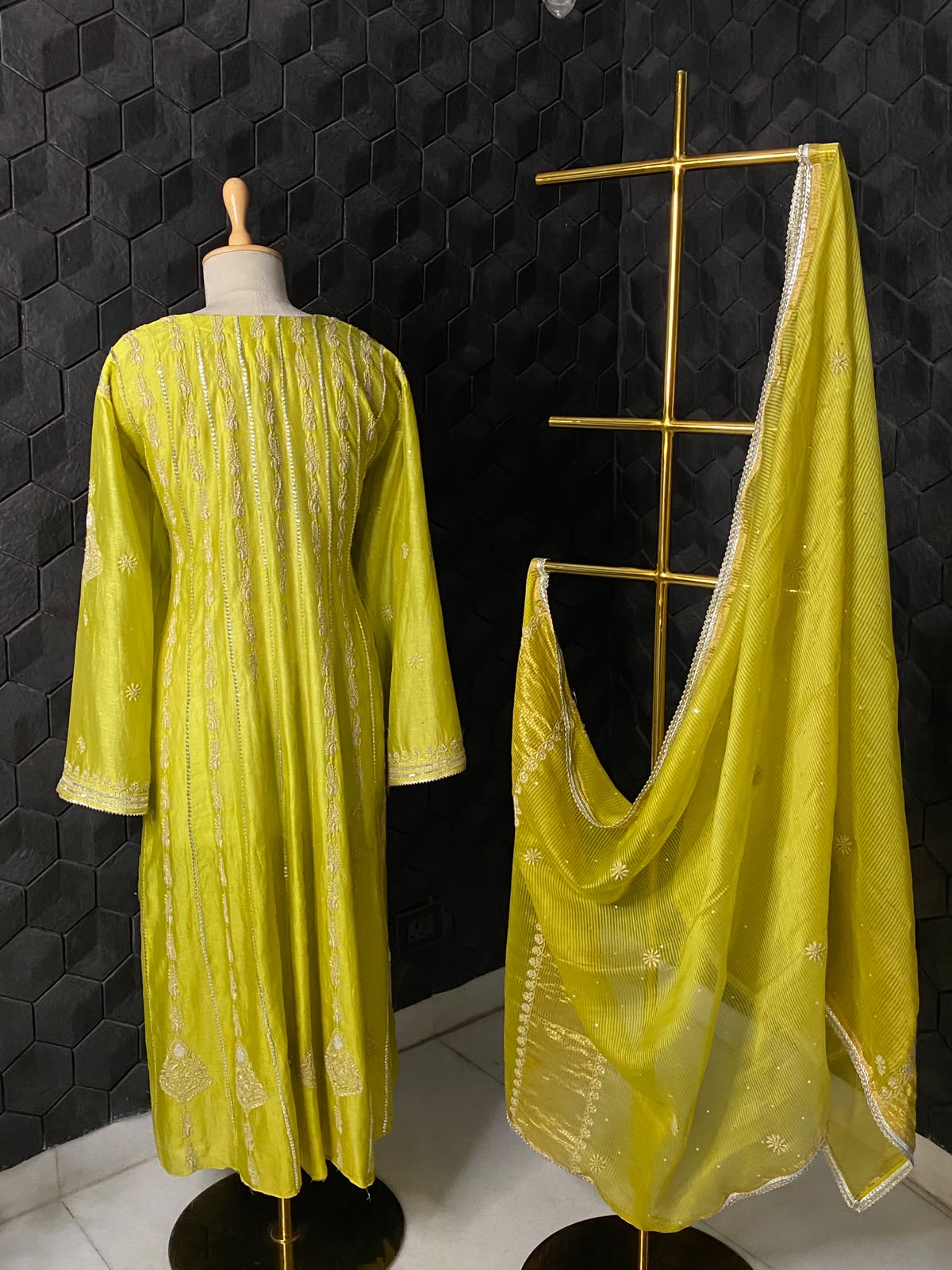 Lime Green Mul Chanderi Anarkali Set