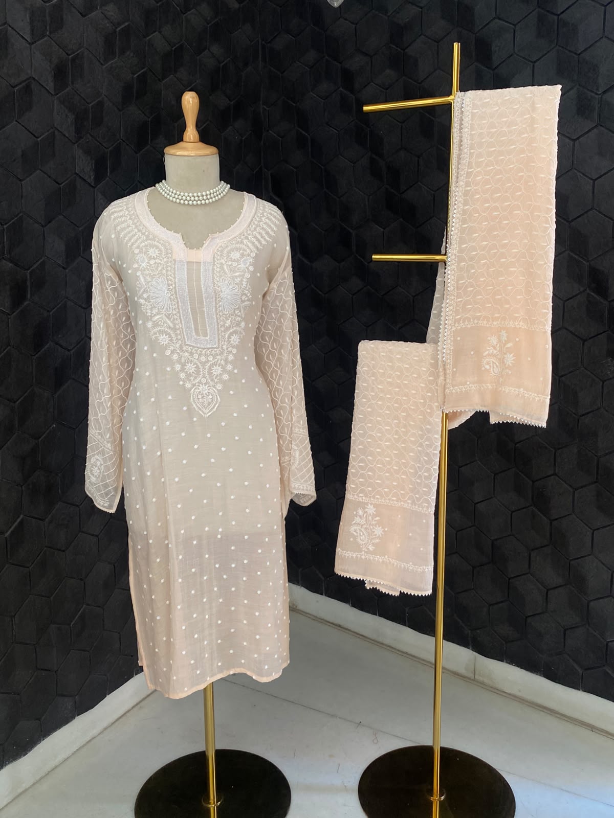 Peach Mul Chanderi Chikankari Embroidered Kurta Set
