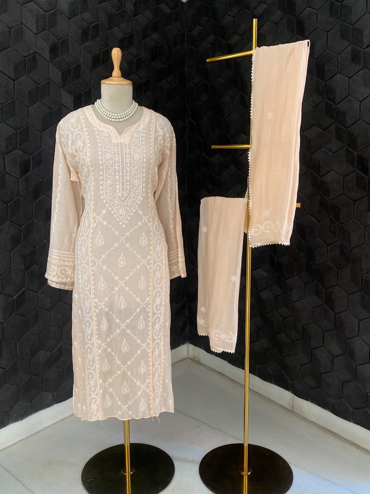 Peach Mul Chanderi Chikankari Kurta Set