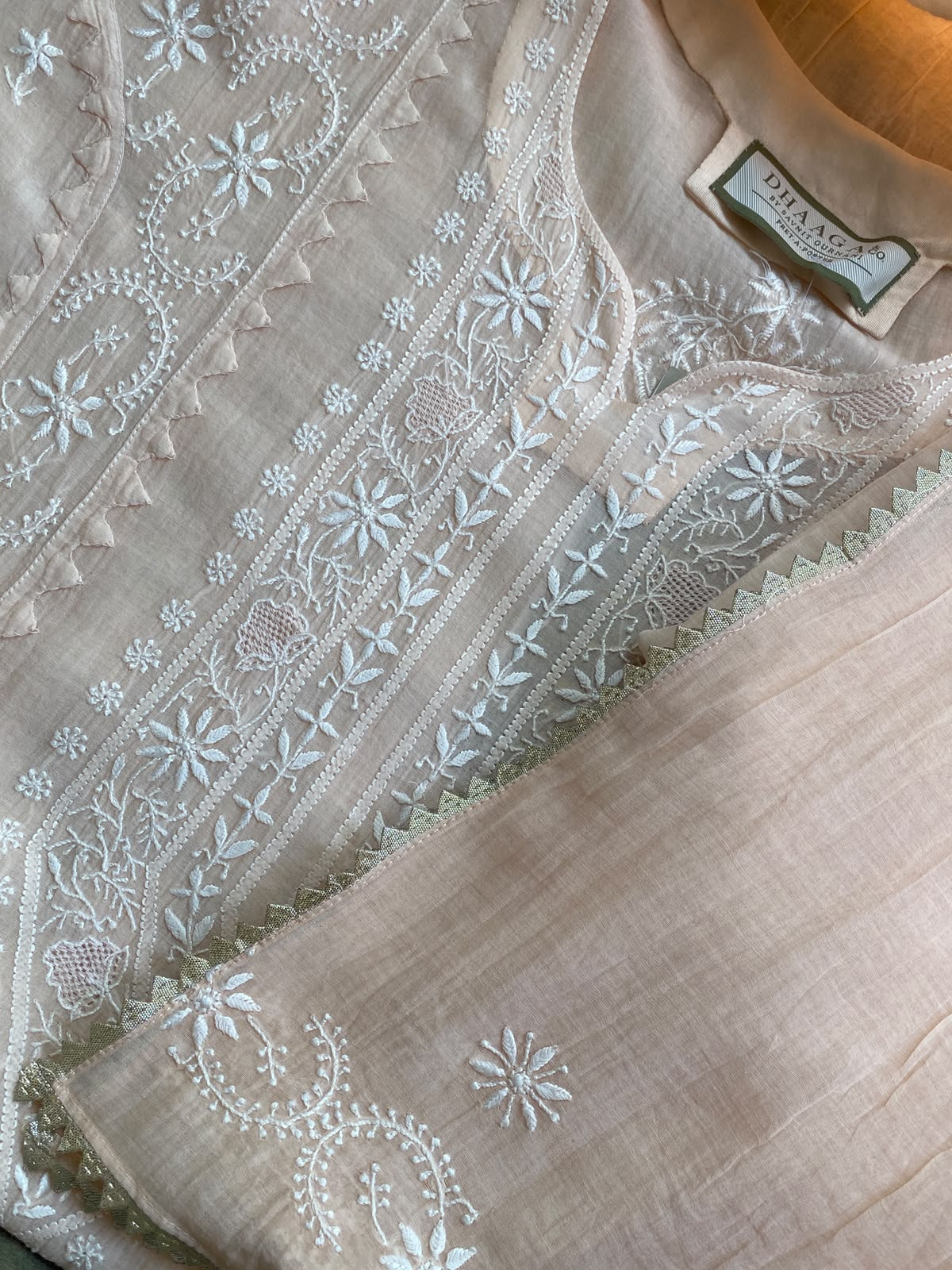 Peach Mul Chanderi Chikankari Kurta Set