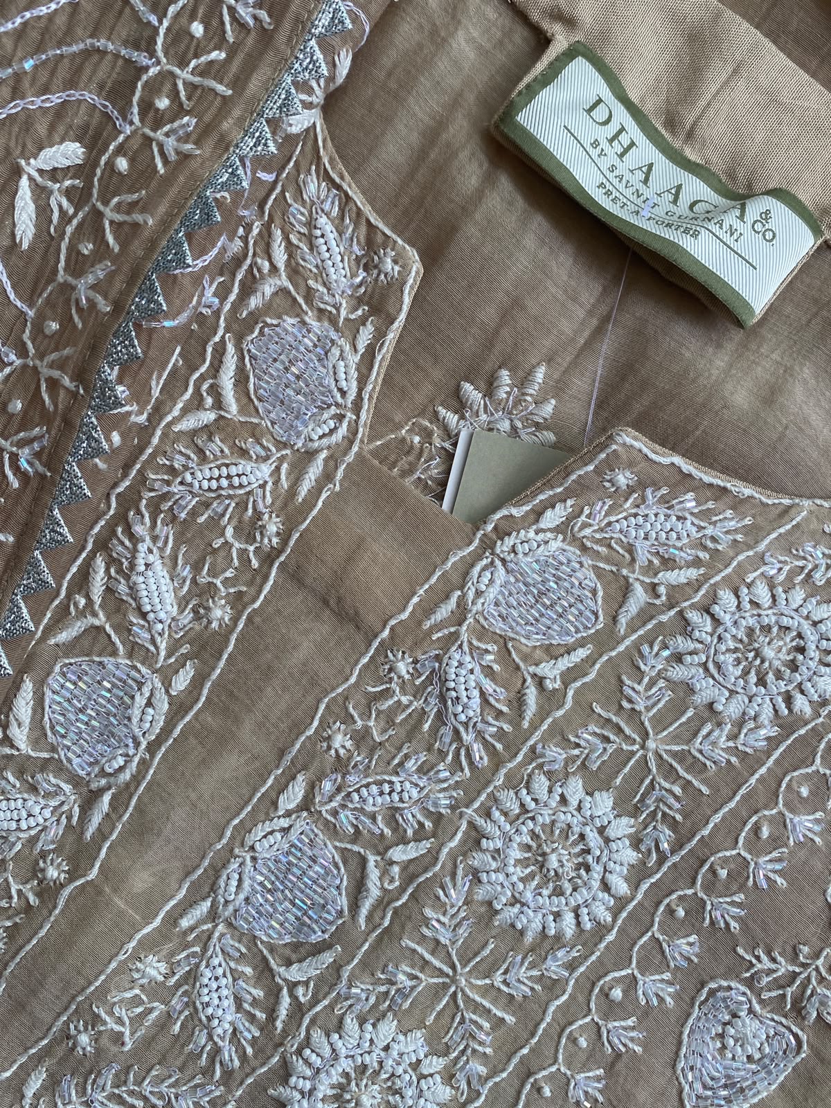 Beige Mul Chanderi Chikankari Kurta Set