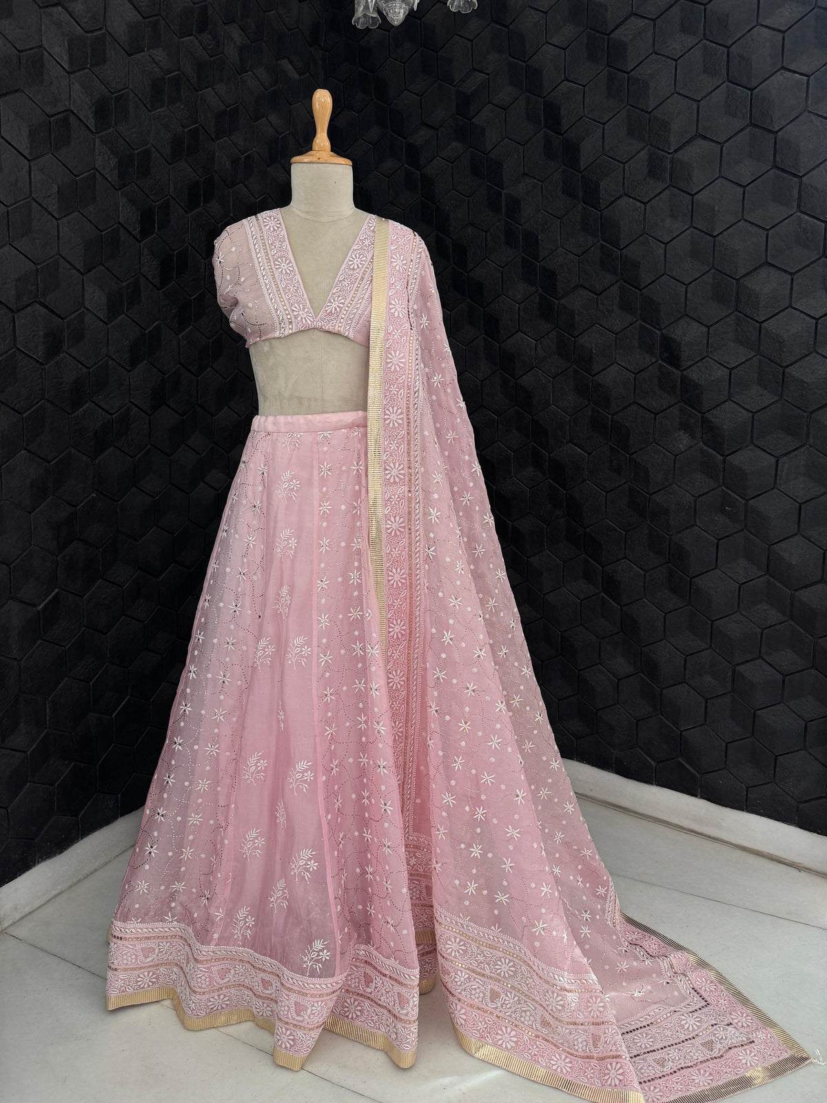 Powder Pink Organza Mukaish Chikankari Lehenga Set