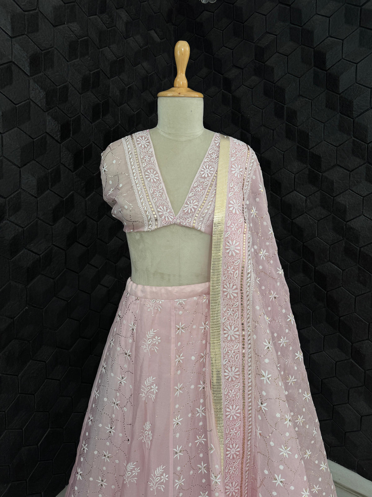Powder Pink Organza Mukaish Chikankari Lehenga Set
