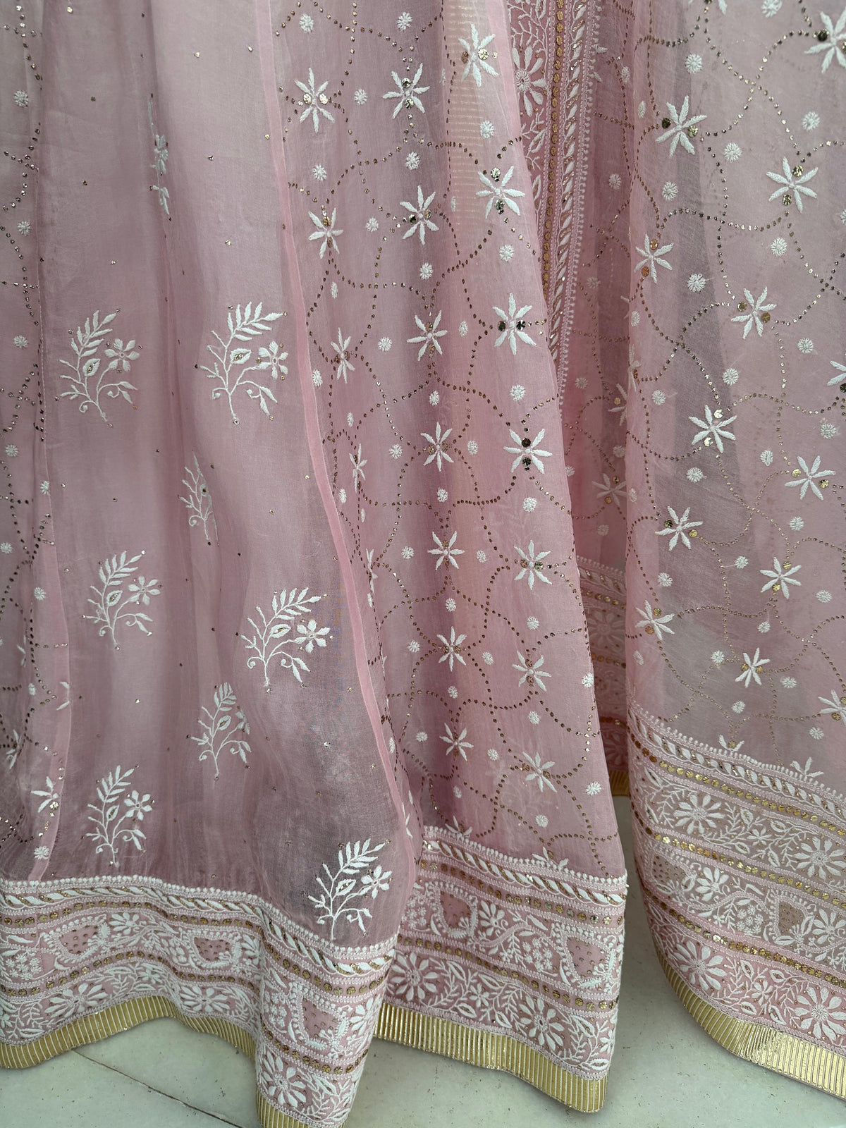 Powder Pink Organza Mukaish Chikankari Lehenga Set