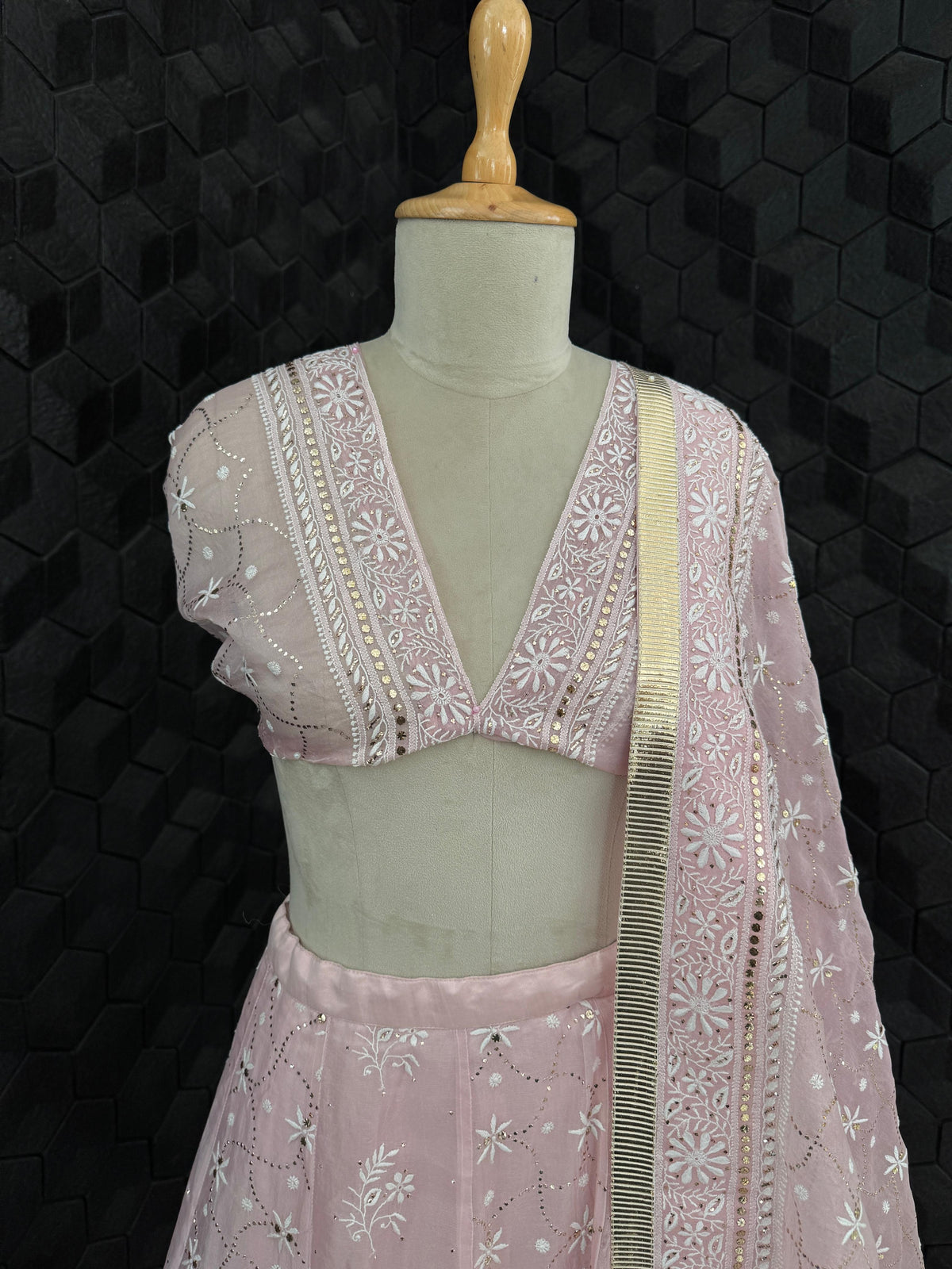 Powder Pink Organza Mukaish Chikankari Lehenga Set