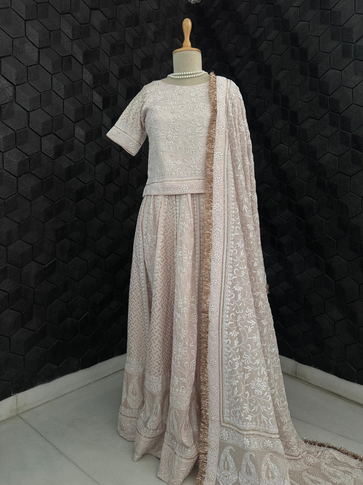 Soft Blush Organza Chikankari Mukaish Lehenga Set