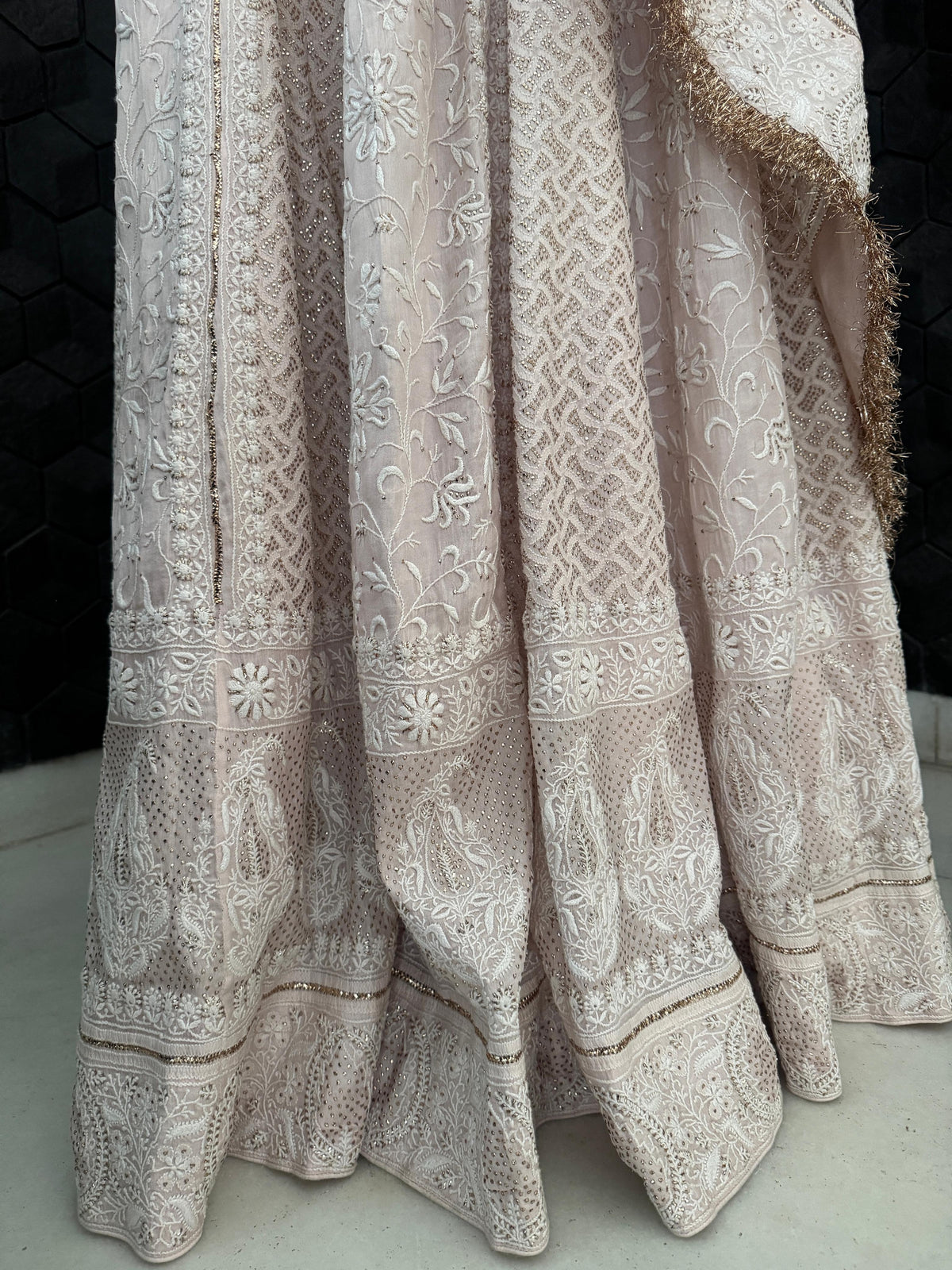 Soft Blush Organza Chikankari Mukaish Lehenga Set