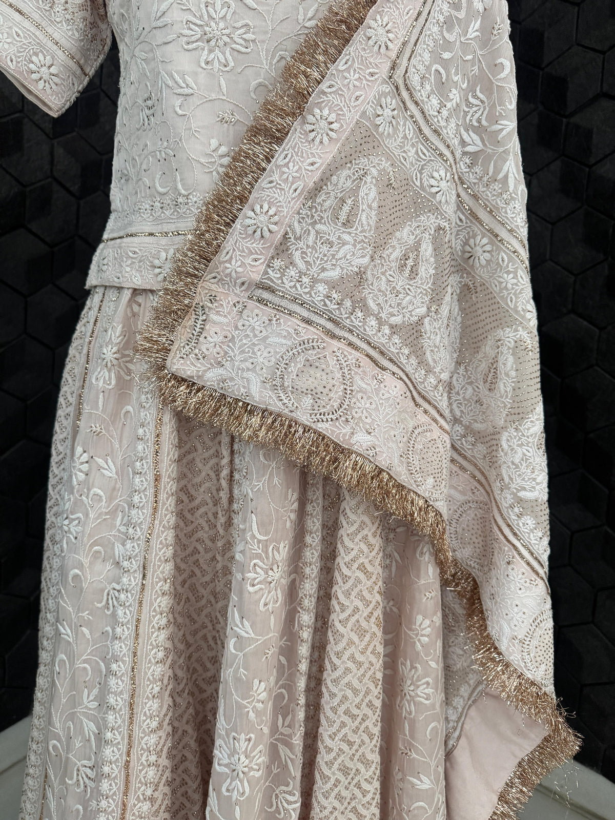 Soft Blush Organza Chikankari Mukaish Lehenga Set