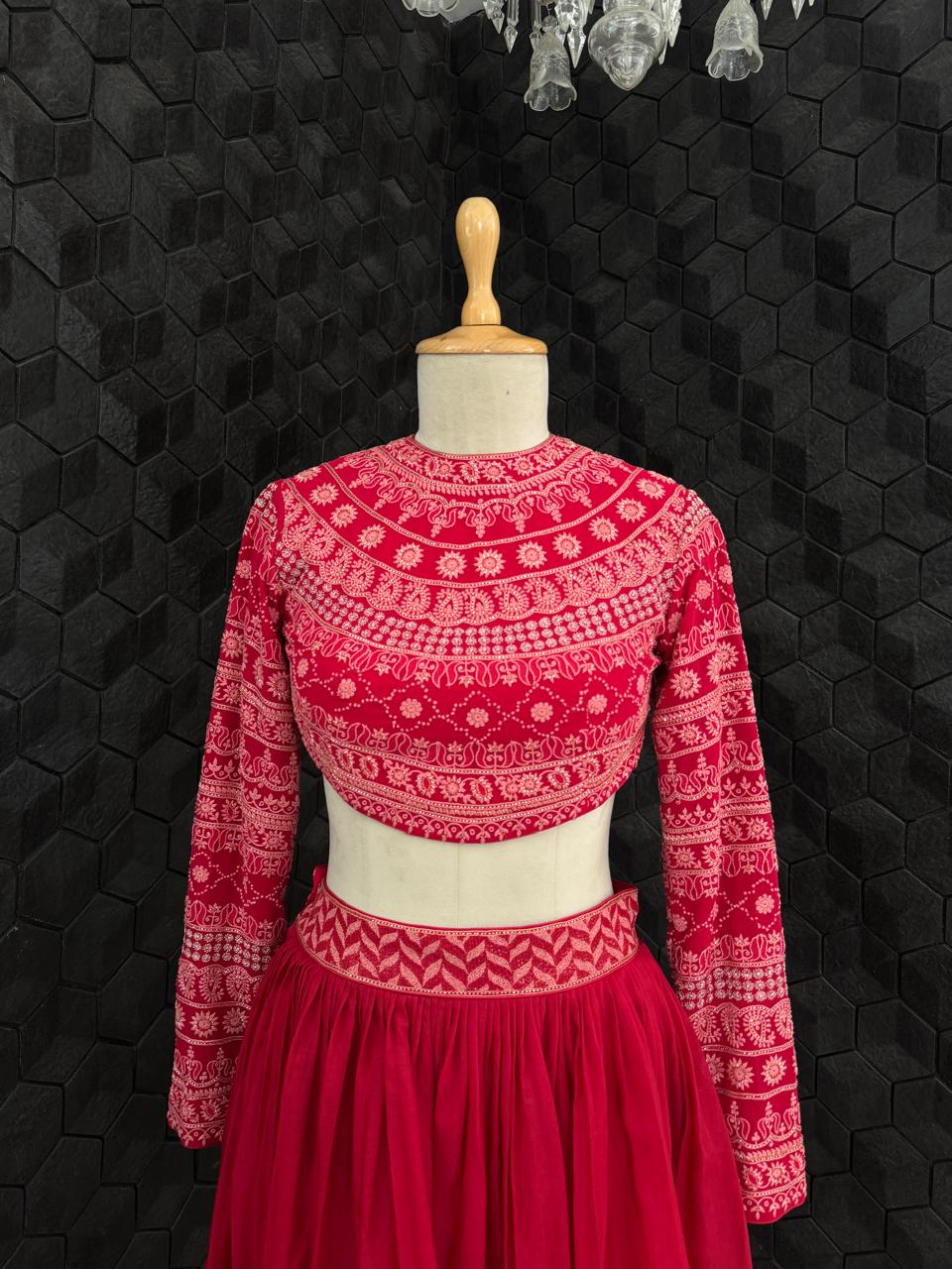 Deep Red Georgette Blouse with Organza Skirt Set