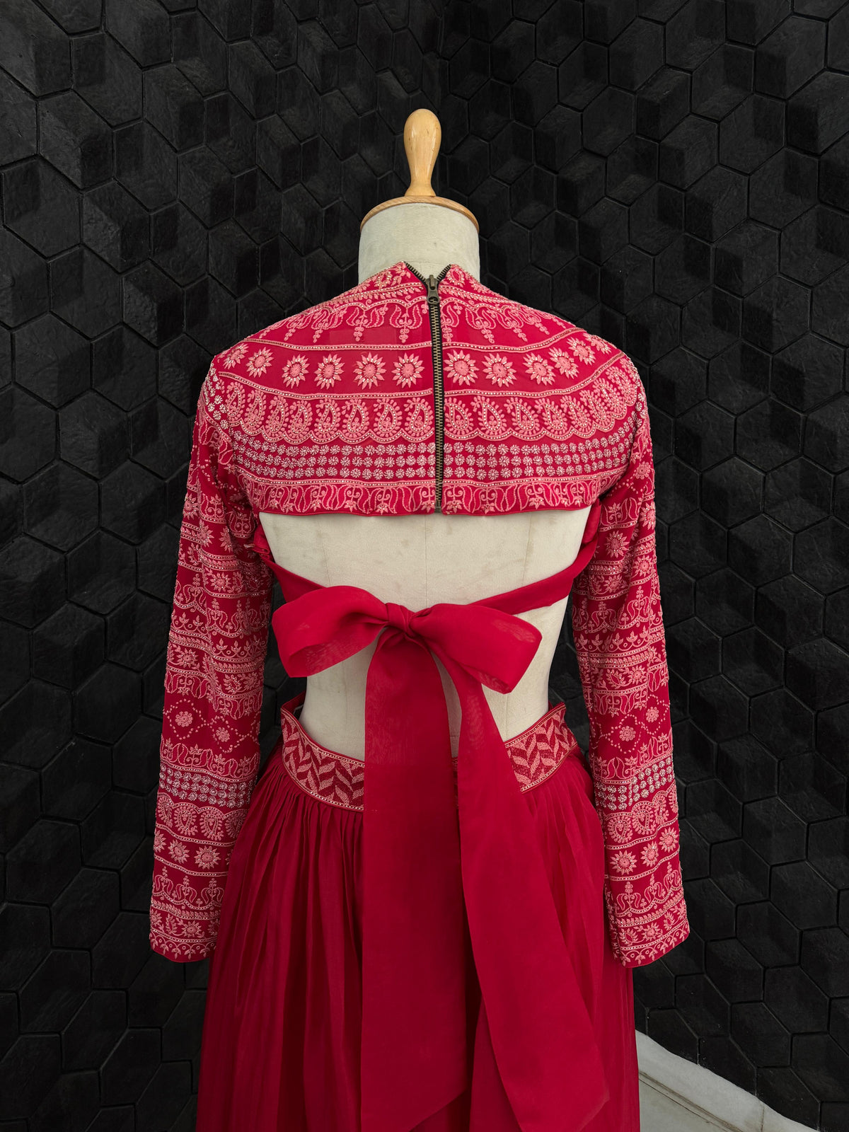 Deep Red Georgette Blouse with Organza Skirt Set