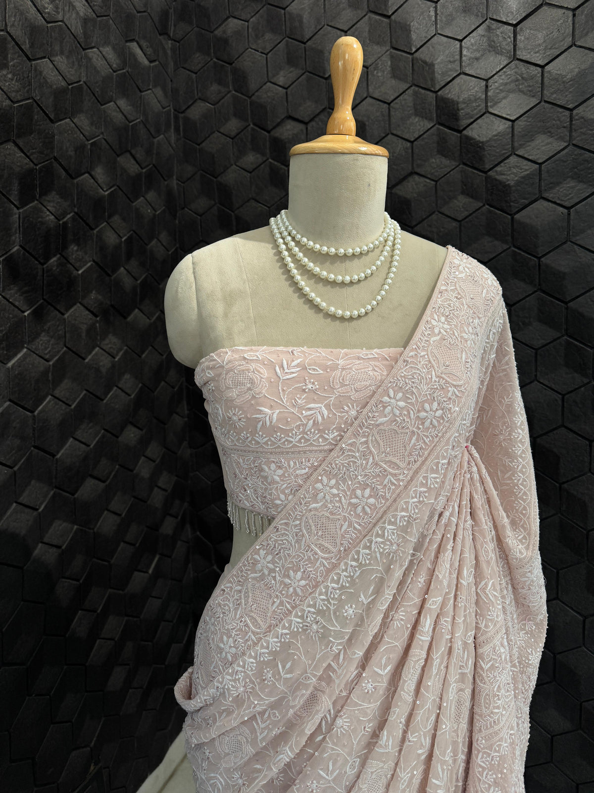 Pink Rose Boota Georgette Chikankari Saree