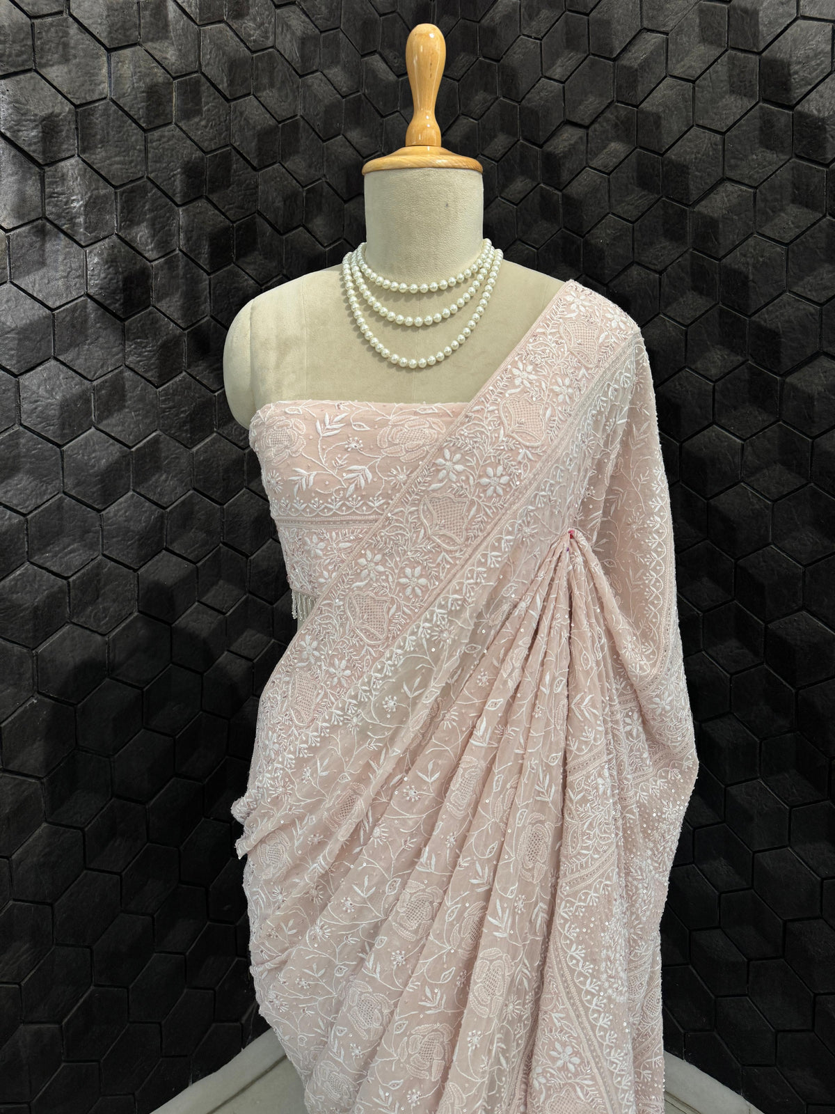Pink Rose Boota Georgette Chikankari Saree