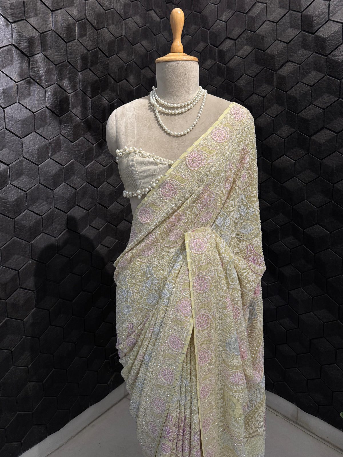 Lemon Yellow Multi Colour Threadwork Saree