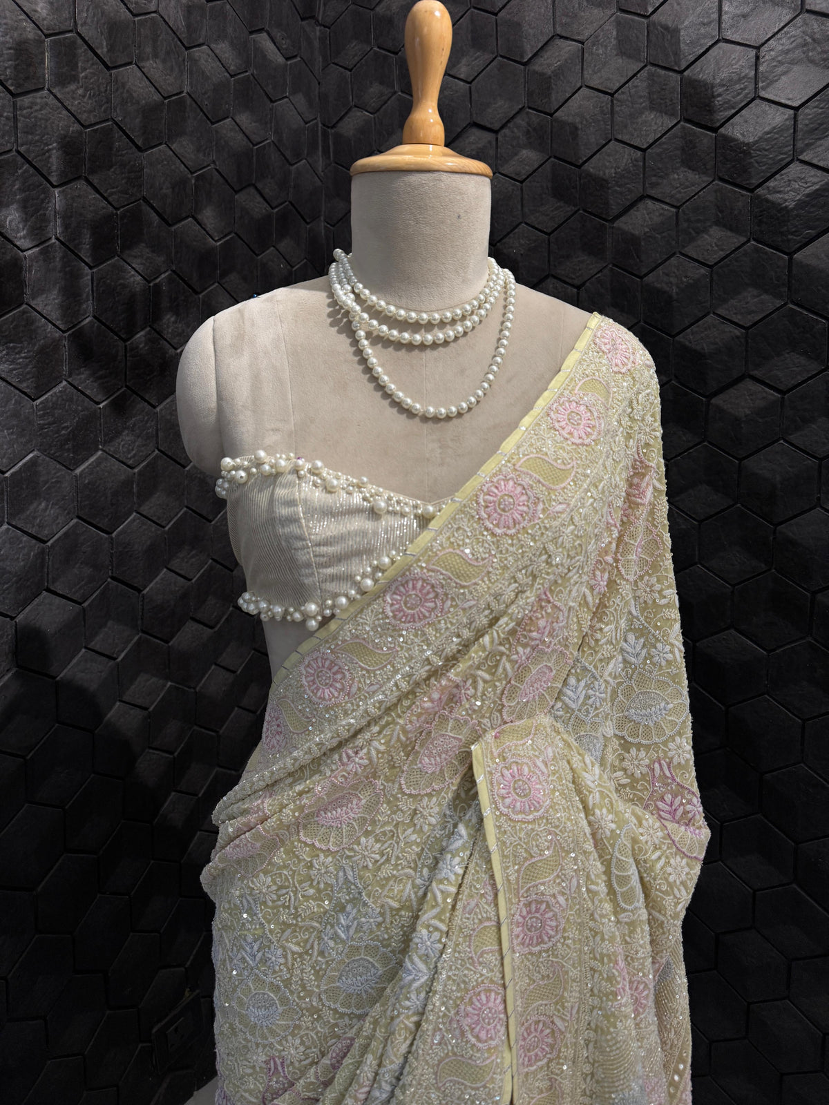 Lemon Yellow Multi Colour Threadwork Saree