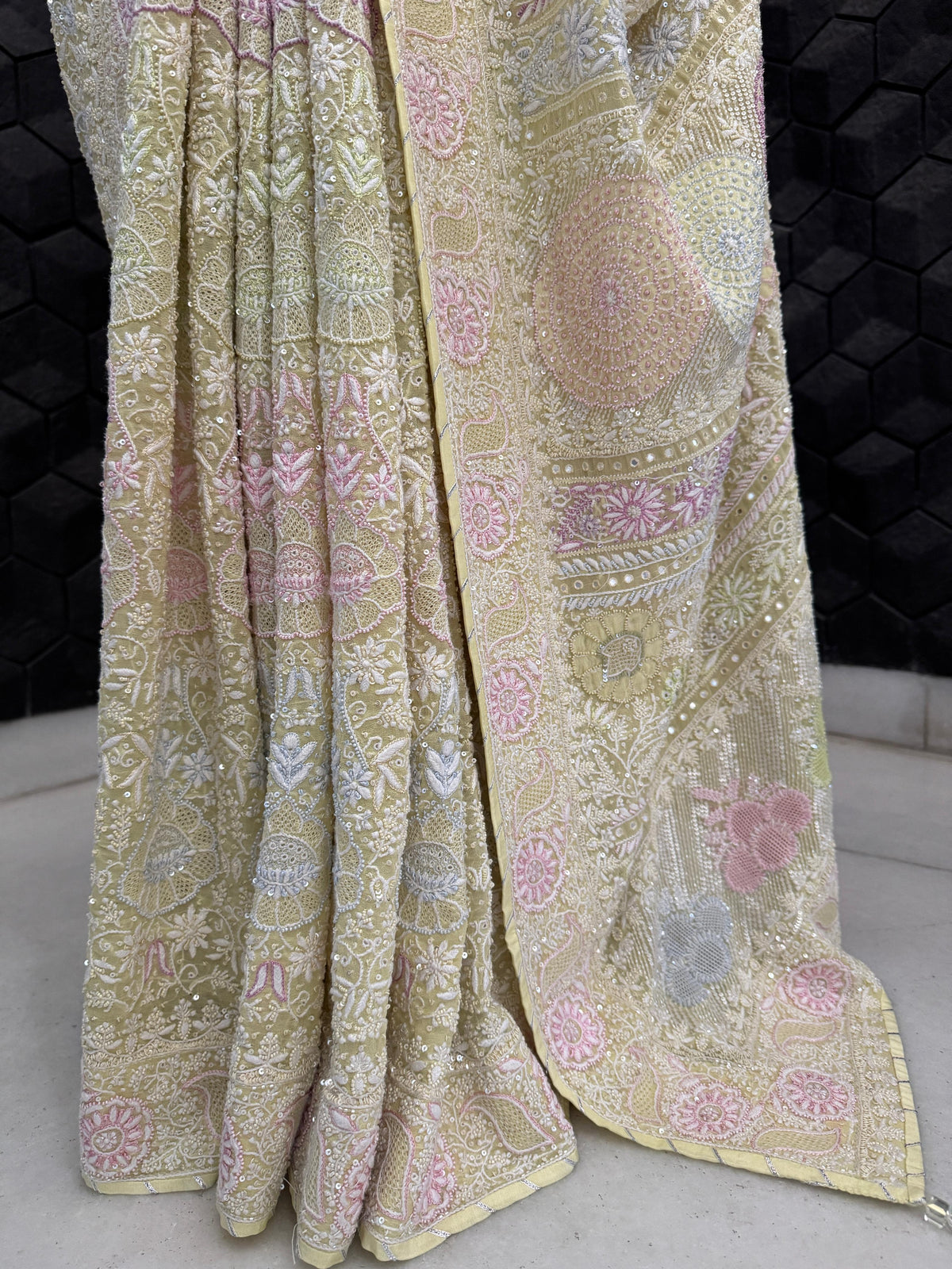 Lemon Yellow Multi Colour Threadwork Saree