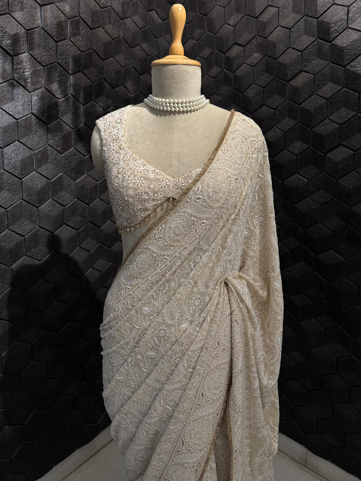 Ivory-Gold Paisley Jaal Georgette Saree