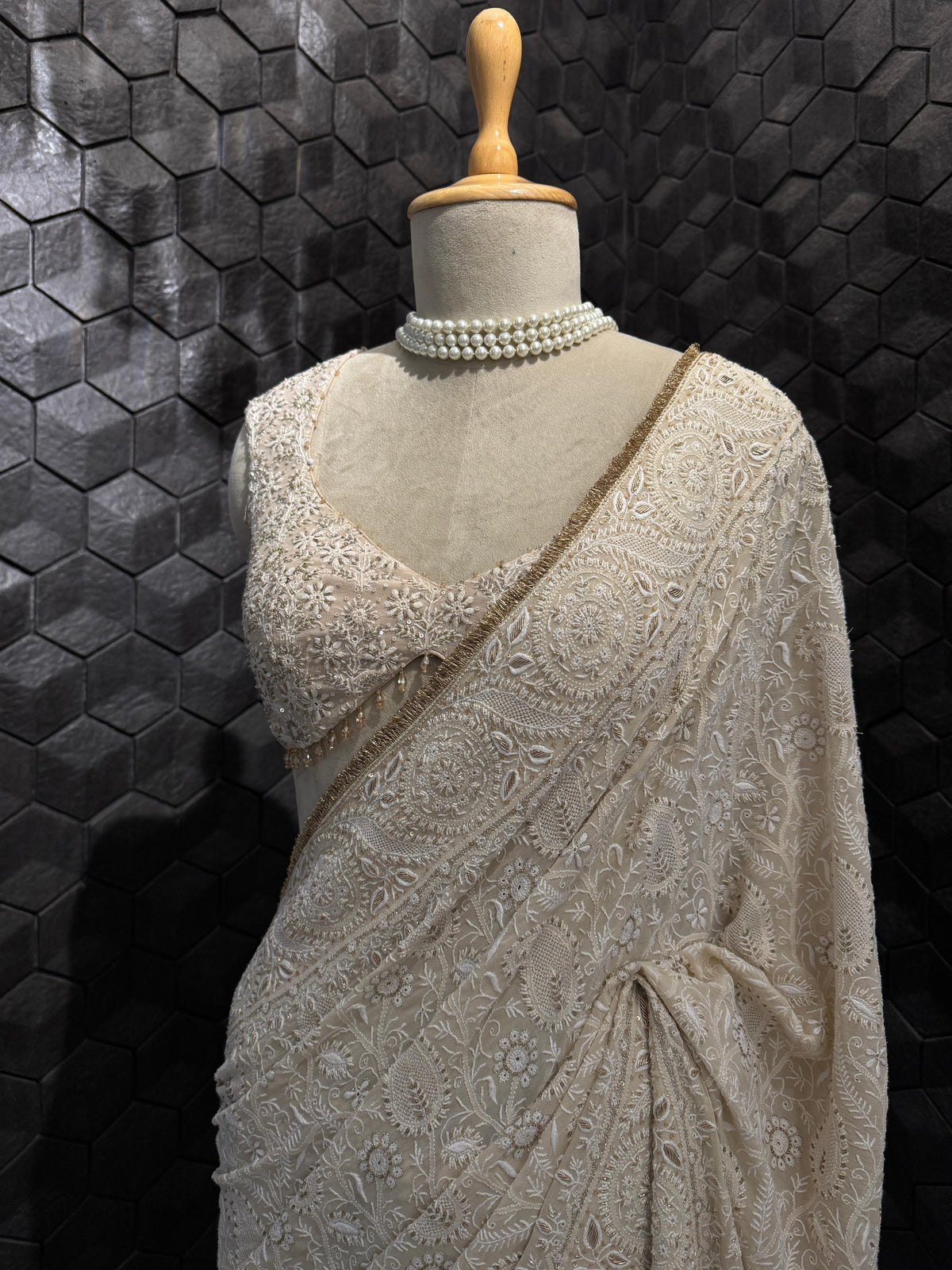 Ivory-Gold Paisley Jaal Georgette Saree