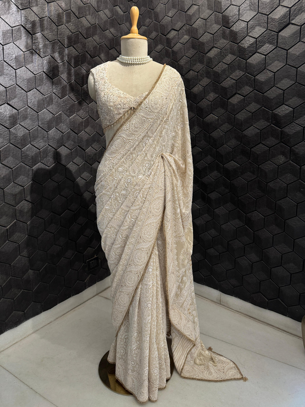 Ivory-Gold Paisley Jaal Georgette Saree