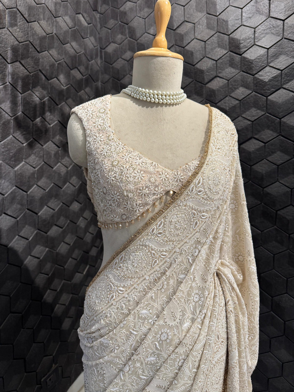 Ivory-Gold Paisley Jaal Georgette Saree