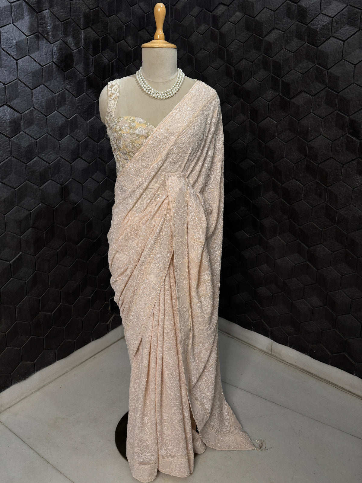 Peach Sequins Georgette Saree