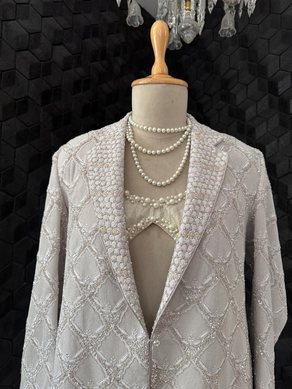 Grey & Silver Kasab Jaal Gilet Set