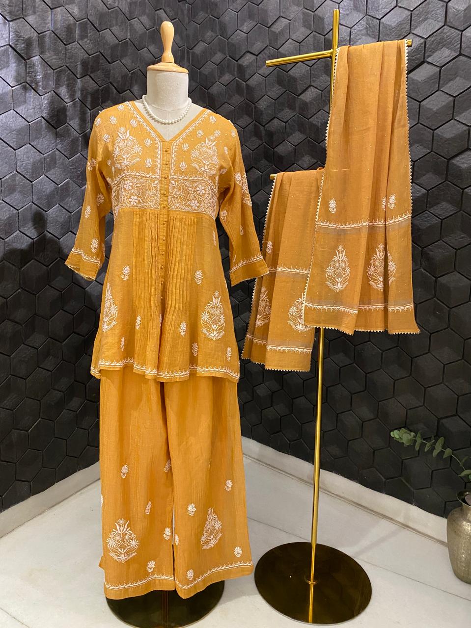 Mustard Mukaish & Chikankari and Mukaish Sharara