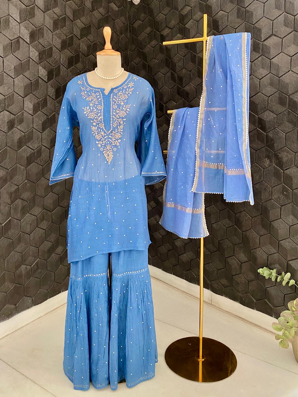 Cobalt Blue Mukaish & Pitta Sharara Set