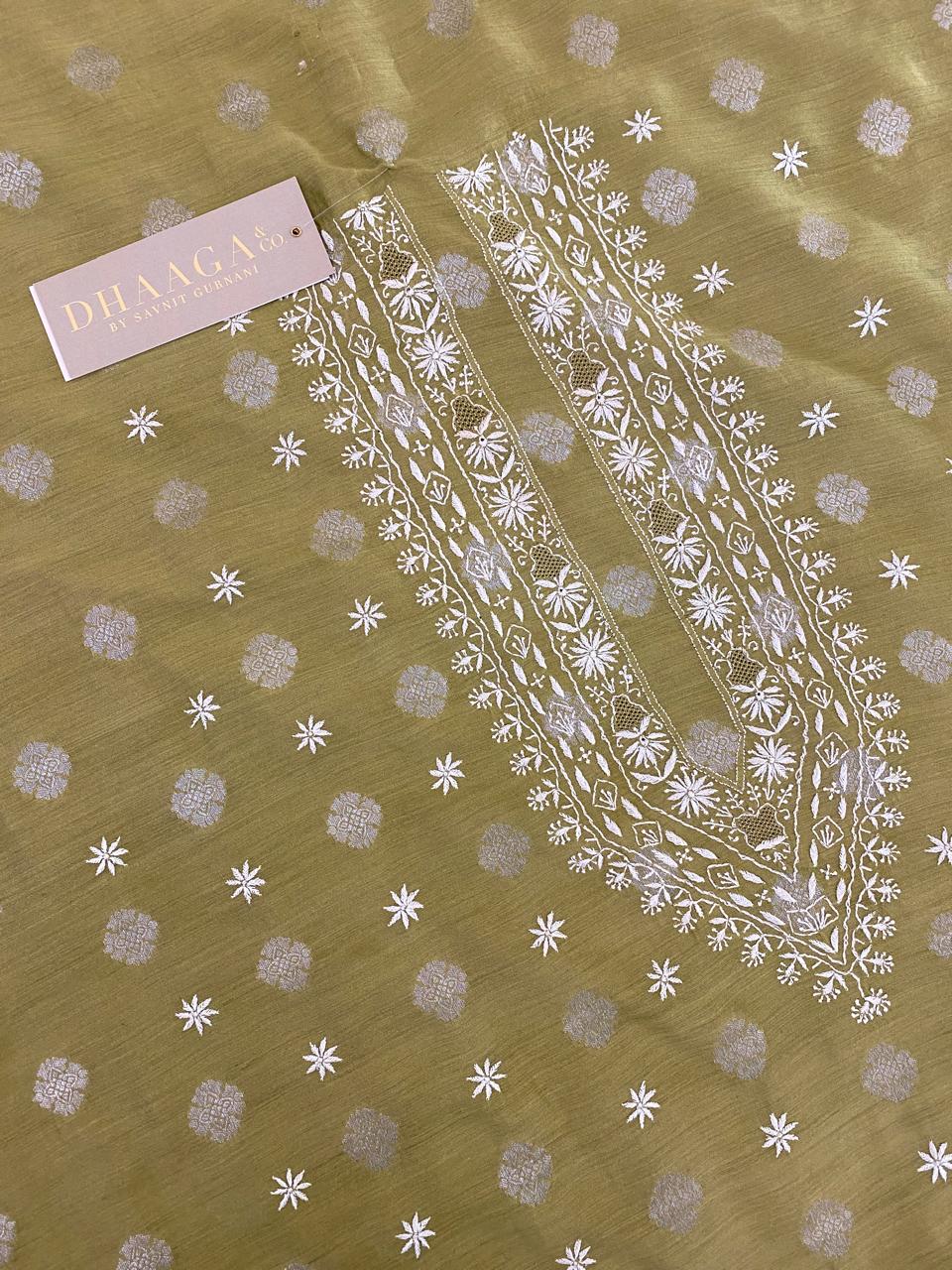 Olive Green Zari Butti Moonga Silk Men's Kurta
