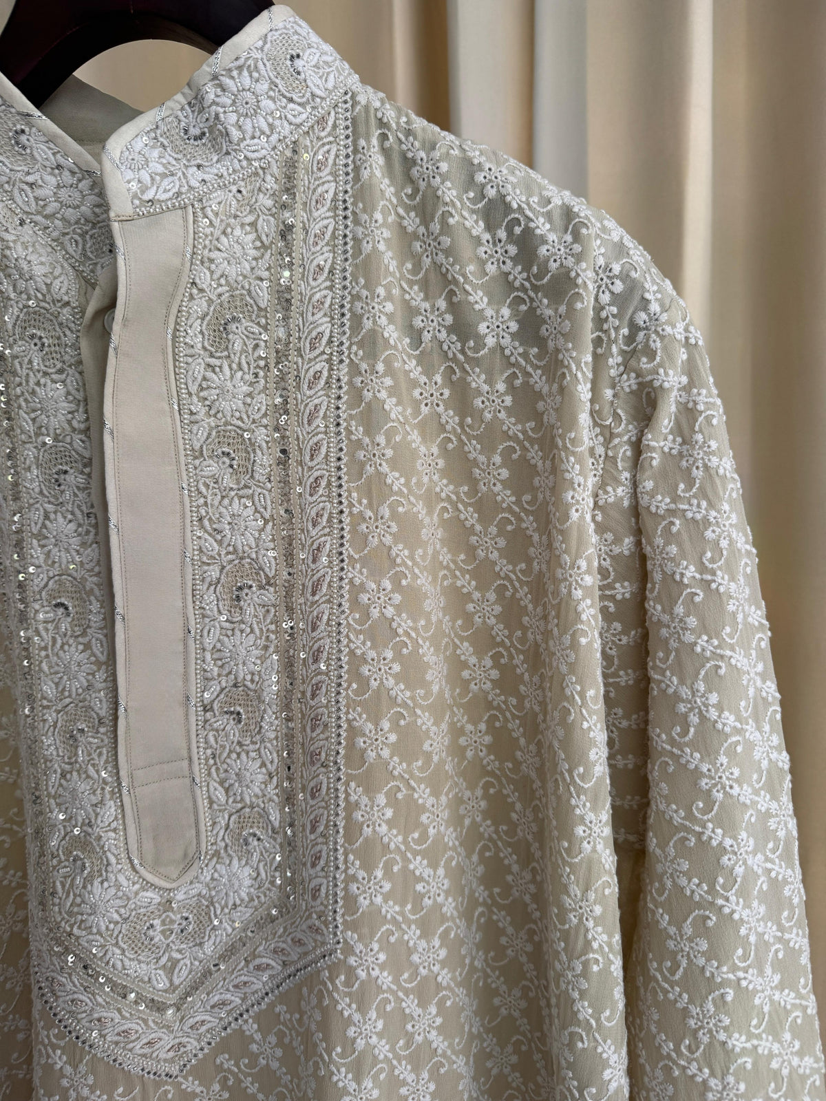 Ivory Georgette Chikankari Mens Kurta