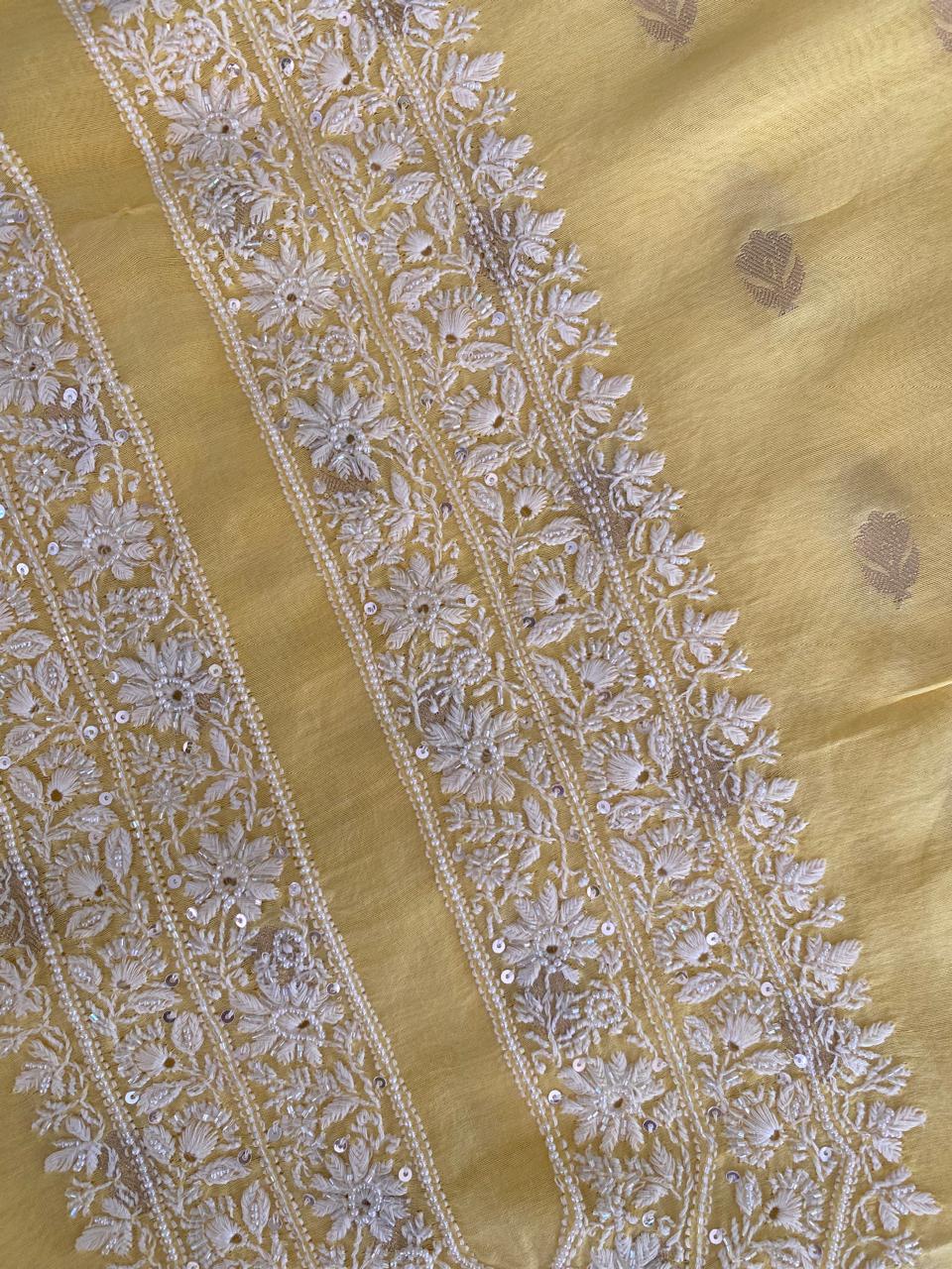 Yellow Zari Butti Chikankari Men's Kurta